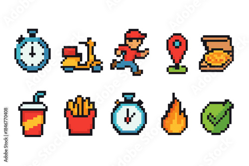 Delivery and food pixel icon set: courier and fast food pixelated icons in 3d
