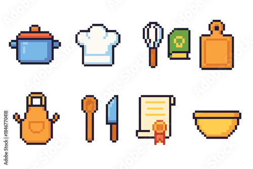 Cooking and kitchen flat icon set. Culinary tools and utensils pixel-style collection.