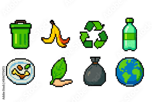 Recycling and waste disposal pixel icon set. Eco-friendly, sustainability pixel icons.
