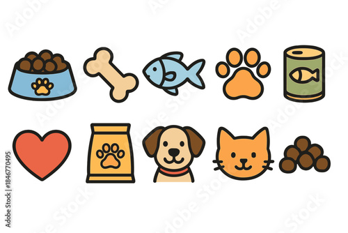 Pet, animal flat icon set. Cute, colorful symbols for pet care and supplies