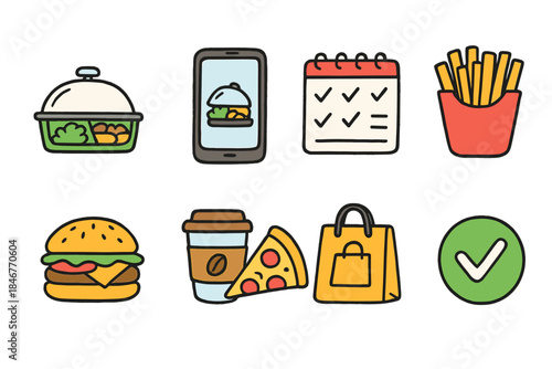 Food and delivery icon set. Fast food, restaurant icons in flat style.