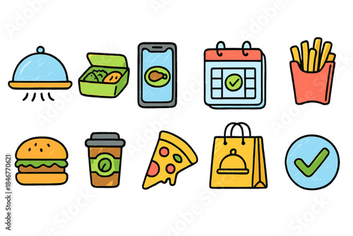 Food delivery flat icon set. Meal, takeout, and order symbols in flat design.