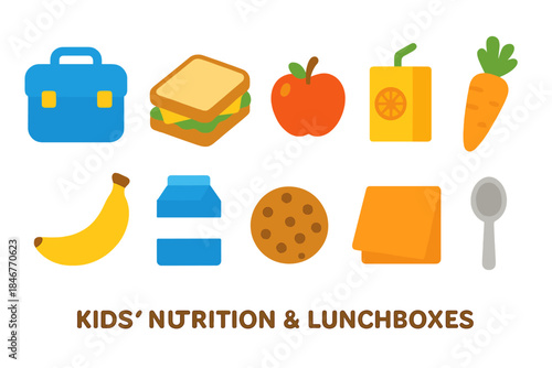 Kids' nutrition and lunchbox flat icon set. Healthy food icons collection for children
