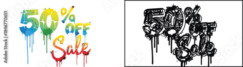 Colorful and Black '50% OFF Sale' Dripping Graffiti Style Vector Design Elements