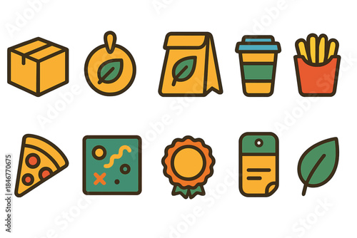 Eco-friendly food flat icon set. Sustainable packaging, organic symbols collection