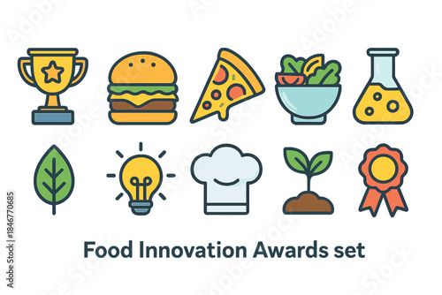 Food innovation awards icon set. Culinary, recognition flat icons for creative projects