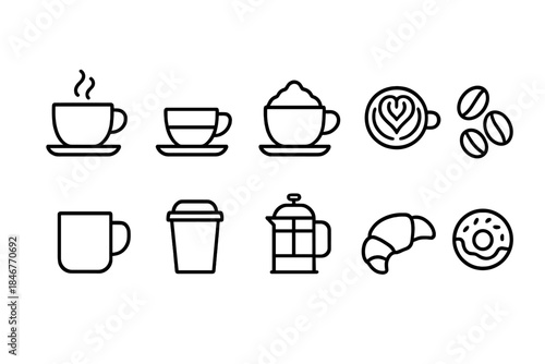 Coffee and bakery line icon set. Cafe, beverage, pastry, breakfast icon collection".