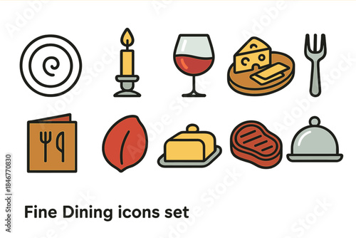 Fine dining icon set. Gourmet food, wine, and candlelight flat icons collection