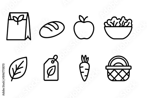 Organic food outline icon set. Healthy eating, fresh produce, natural ingredients icons