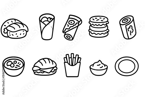 Food and snack outline icon set. Sandwich, fast food, and dessert icons collection