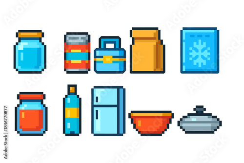 Kitchen and food pixel icon set. Essential cooking and storage icons in pixel style