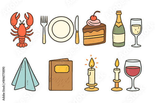 Dining and hospitality flat icon set. Food, meal, restaurant, dining icons collection