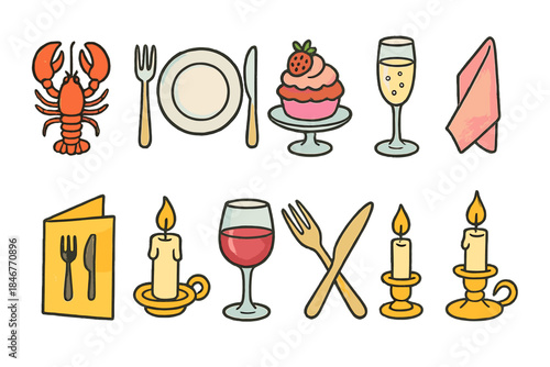 Dining, gastronomy icon set. Food, drink, tableware icons in flat style.