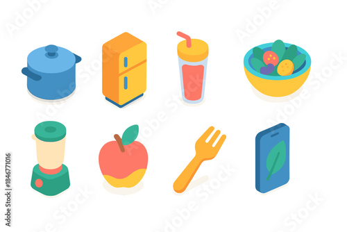 Kitchen and cooking icon set. 3D food and appliance icons for culinary projects