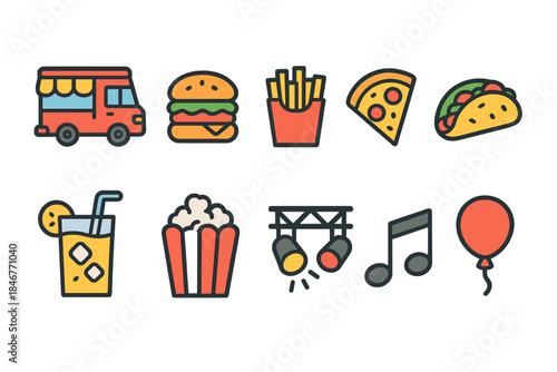 Food and entertainment icon set. Flat food truck, party icons collection