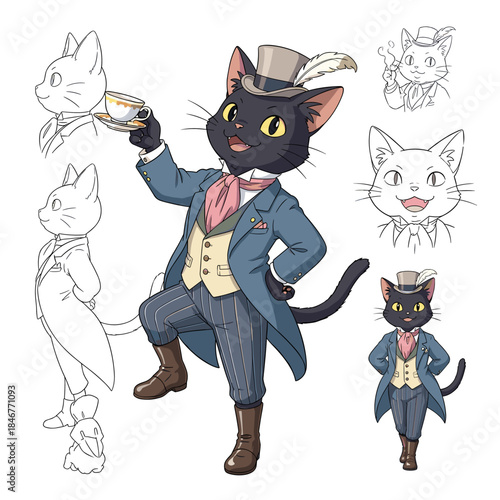 Anthropomorphic Black Cat Character Sheet in Victorian Gentleman Suit Drinking Tea