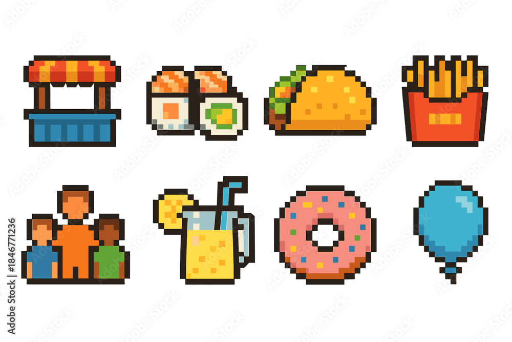 Naklejka premium Pixel art food and drink icon set. Retro style culinary and beverage pixel icons.