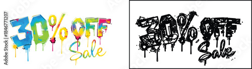 Colorful and Black Grunge Graffiti Style 30% OFF Sale Text Vector Set
