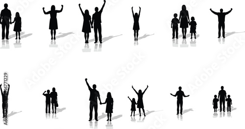 Vector set of diverse family and people silhouettes cheering, standing with hands raised, celebrating success, achievement, or freedom, isolated with shadows for positive emotion and victory graphics.