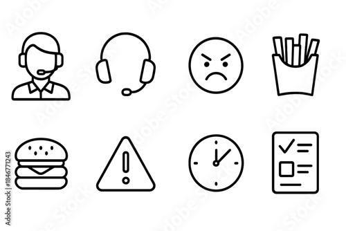 Customer service outline icon set. Support, communication, feedback, fast food icons