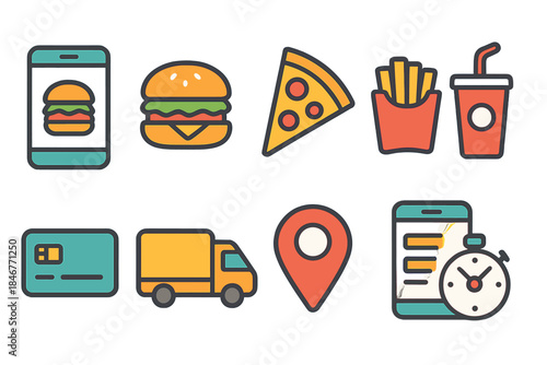 Food delivery filled icon set. Fast food, online ordering, eating, takeout icons collection