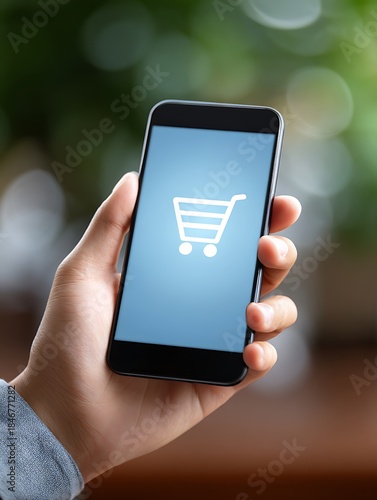 Hand holding smartphone with online shopping cart icon