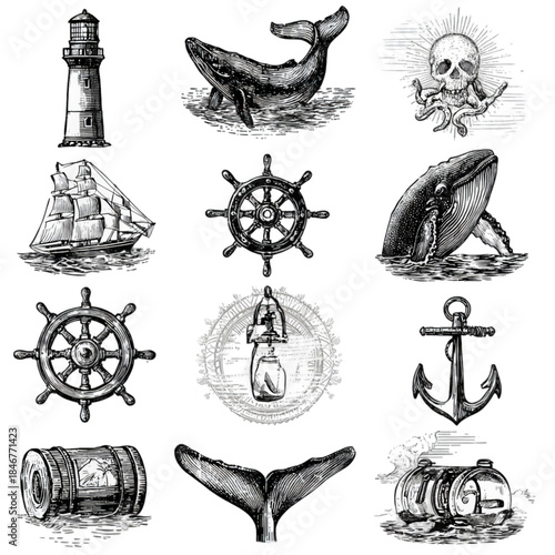 Vintage Hand Drawn Nautical Elements Collection with Whale and Ship.