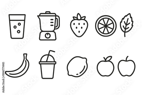 Smoothie and fruits line icon set. Healthy drinks and fresh ingredients outline collection