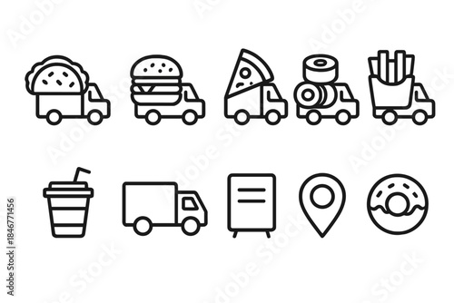 Food truck line icon set. Street food, fast food, mobile cuisine icons outline collection
