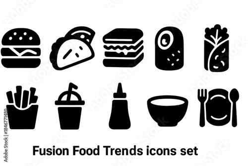Fusion food trends silhouette icon set with international cuisine symbols