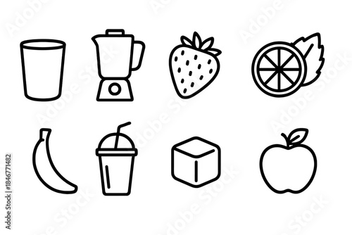 Juice and smoothie ingredients line icon set. Blender, fruit, drink line icons collection