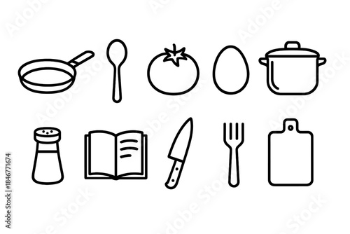 Cooking and kitchen tools icon set. Cooking essentials line icons collection