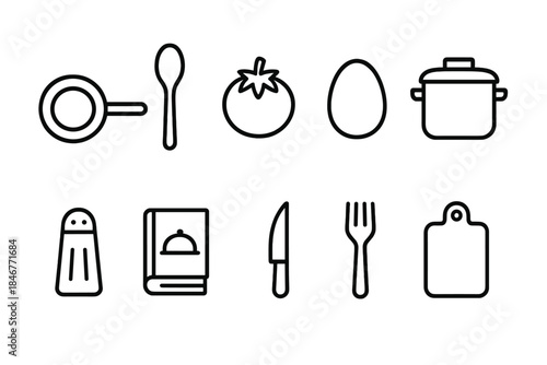 Kitchen tools and cooking utensils line icon set in simple outline style
