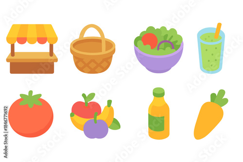 Fruit and vegetable flat icon set. Fresh market and healthy food icons collection