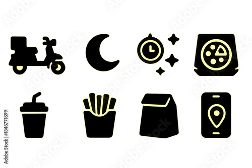 Food delivery silhouette icon set. Fast food, midnight snack silhouettes collection.