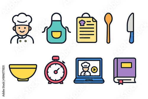 Culinary, cooking flat icon set. Kitchen tools and chef essentials flat collection