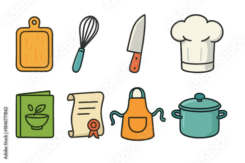 Cooking and kitchen icon set. Flat style culinary, utensil, chef symbols collection
