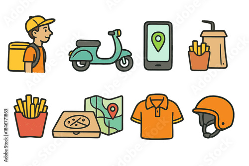 Food delivery flat icon set. Courier, map, and meals icons flat collection