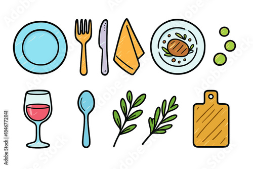 Dining and kitchen flat icon set. Utensils, food, and drink icons collection.