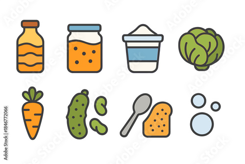 Healthy food flat icon set. Vegetables, jar foods, and kitchen essentials collection