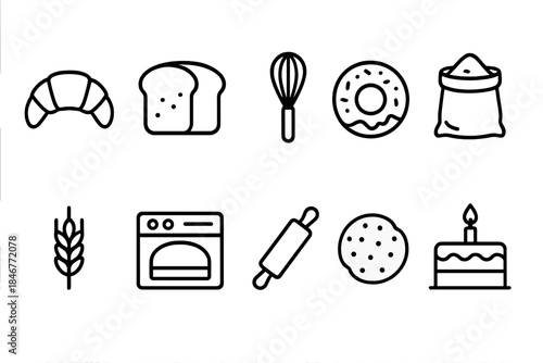 Bakery and pastry outline icon set. Bread, baking tools, and desserts collection.