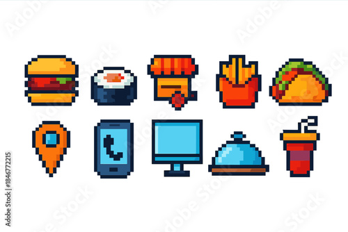 Food and restaurant pixel art icon set. Fast food, drink, and cafe icons in pixel style.