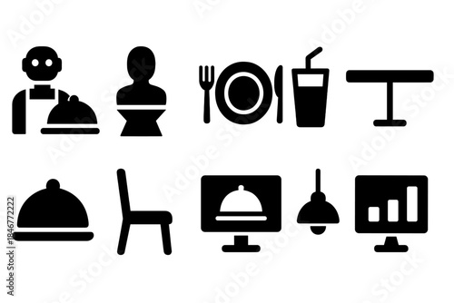 Restaurant silhouette icon set: dining, tableware, service symbols for hospitality