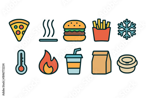 Food and beverage linear icon set. Pizza, burger, fast food icons outline collection