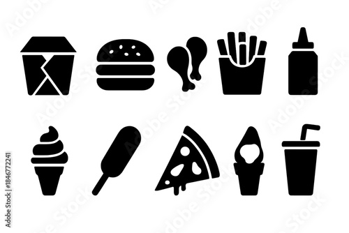 Fast food silhouette icon set. Burgers, pizza, and snacks flat icon collection