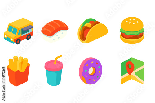 Food and beverage flat icon set. Fast food, snacks, drinks collection