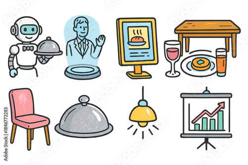Restaurant and dining flat icon set. Food, kitchen, and dining icons collection.