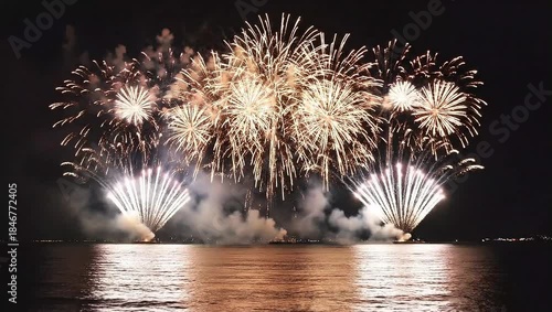 Colorful fireworks display over sea on celebration night, 4K footage