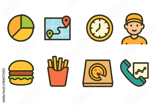 Food delivery flat icon set. Fast food, delivery, map, location icons flat collection.
