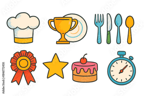 Cooking and dining icon set. Colorful, cartoon-style kitchen and meal preparation icons